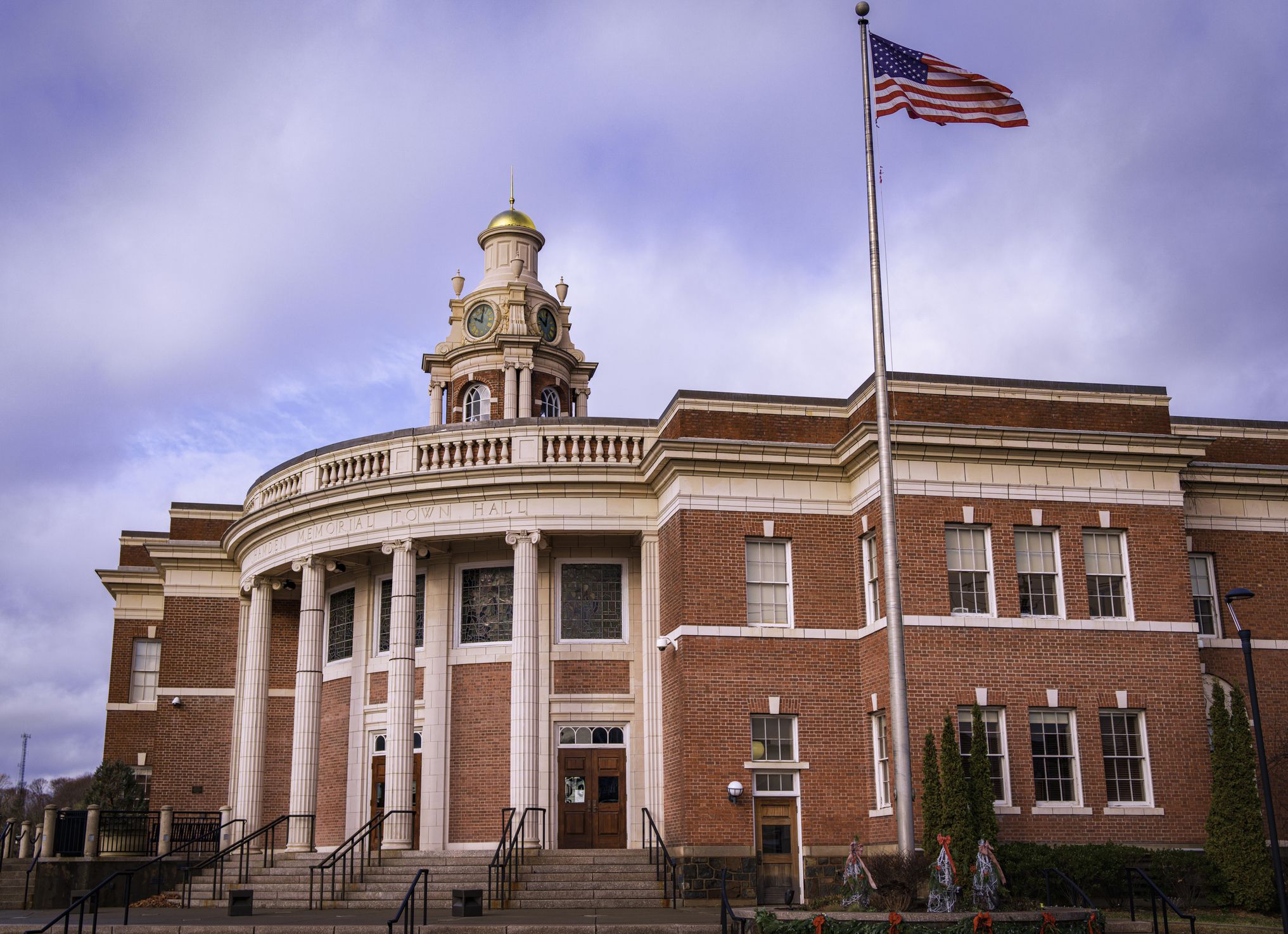Hamden Memorial Town Hall in Connecticut, Neo-Classical Colonial Revival Two-story Masonry Architectural Structure built in 1924 at the junction of Dixwell and Whitney Avenues