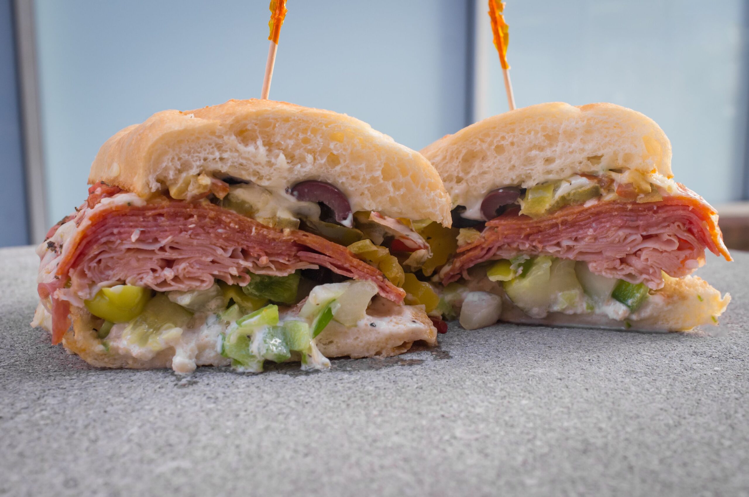 The works Italian sub sandwich with fancy toothpicks
