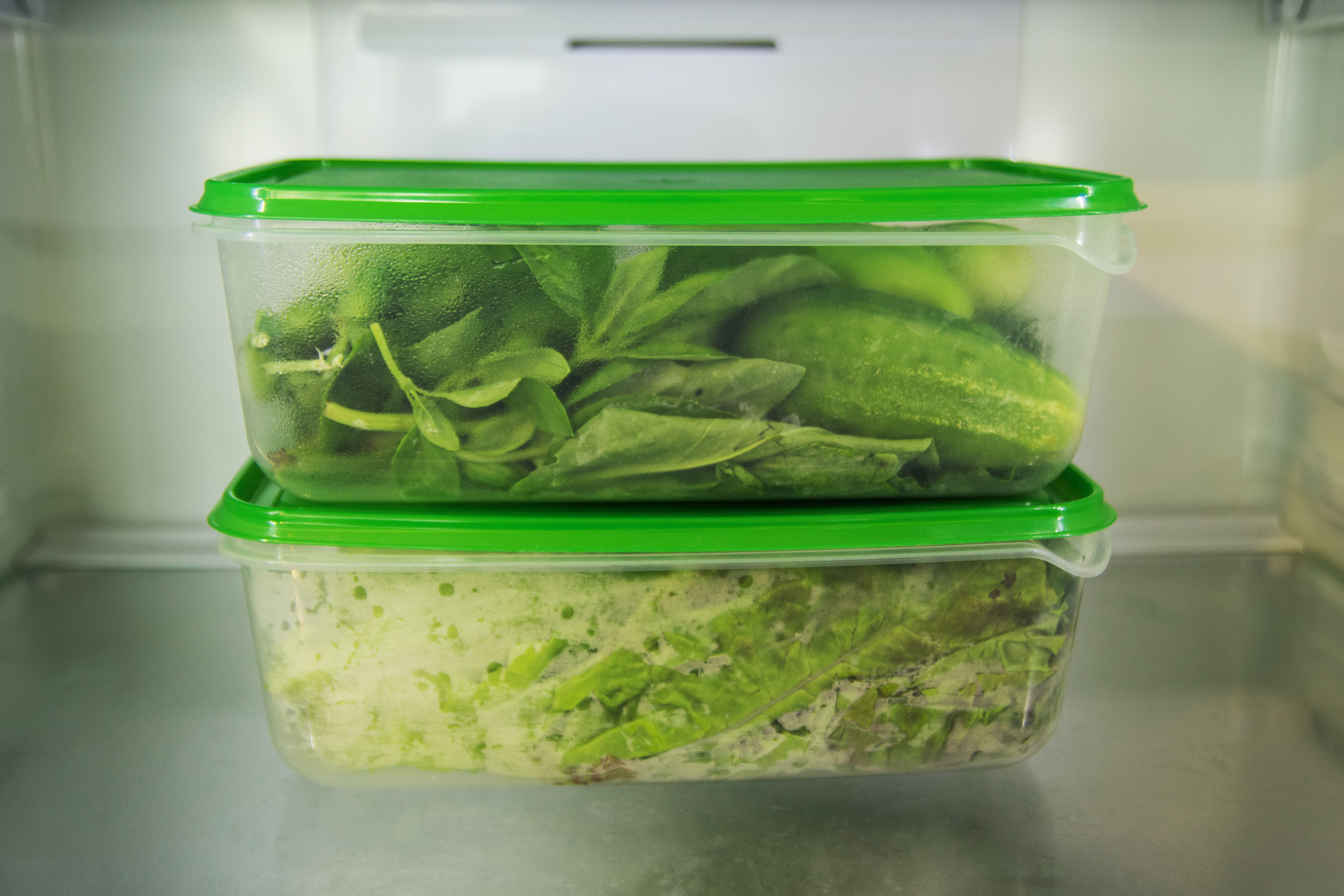 Two clear plastic containers with green lids are stacked in a refrigerator. The top container holds fresh green vegetables, including cucumbers and leafy greens, while the bottom container contains chopped lettuce.