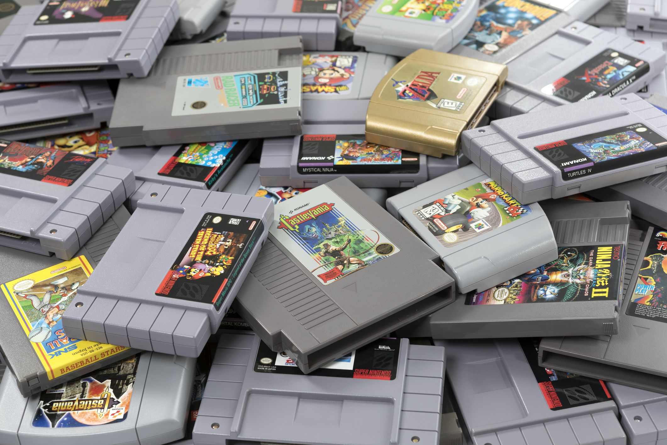 Taipei, Taiwan - February 20, 2018: A studio shot of a large heap of old video game cartridges.