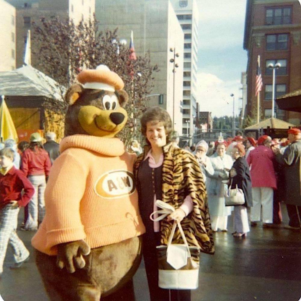 Posing with the A&W Root Beer Bear at Expo’74 (1974 World’s Fair) in Spokane, Washington.
