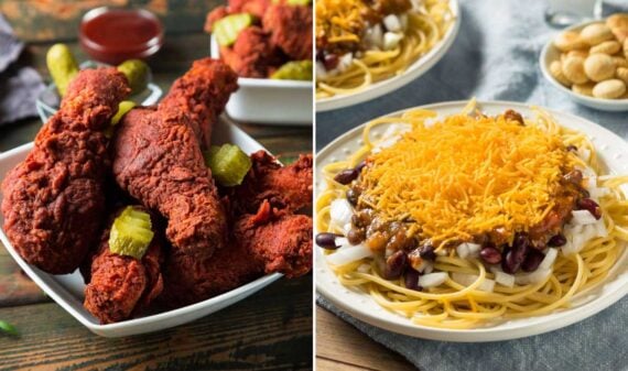 A split image showcases signature meals by state: spicy fried chicken drumsticks garnished with pickles on the left, and a plate of spaghetti topped with chili, beans, onions, and shredded cheddar cheese on the right.