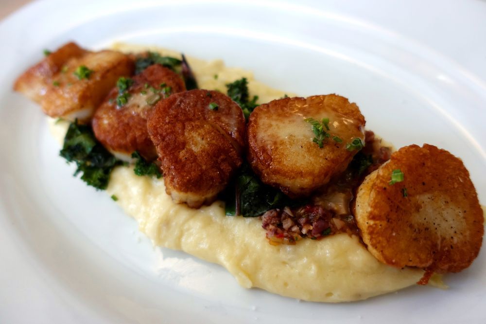 Portland bay scallops with Finnan haddie pomme purée, Rhode Island relish, and burre blanc from Thames Street Oyster House in Baltimore