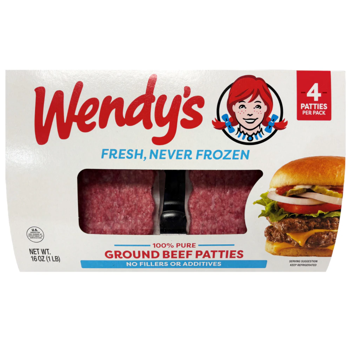 A package of Wendy's fresh, never frozen ground beef patties, showing four raw patties through a clear window, with Wendy’s logo, a burger image, and text highlighting no fillers or additives.