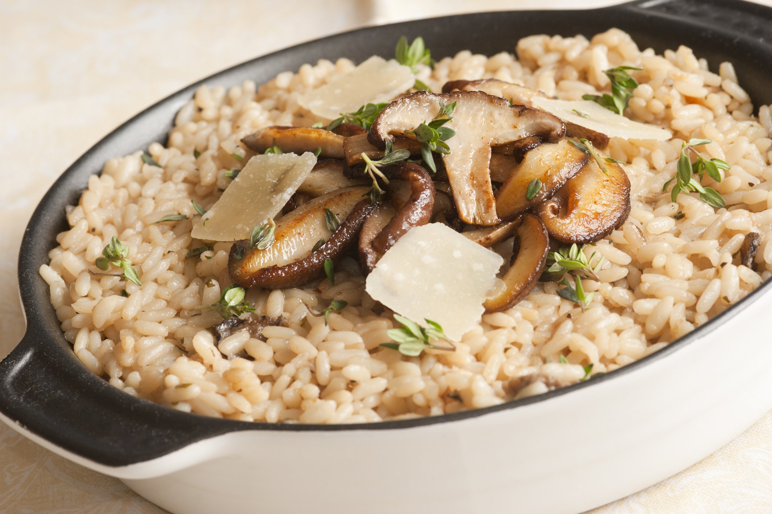Mushroom risotto in a casserole dish