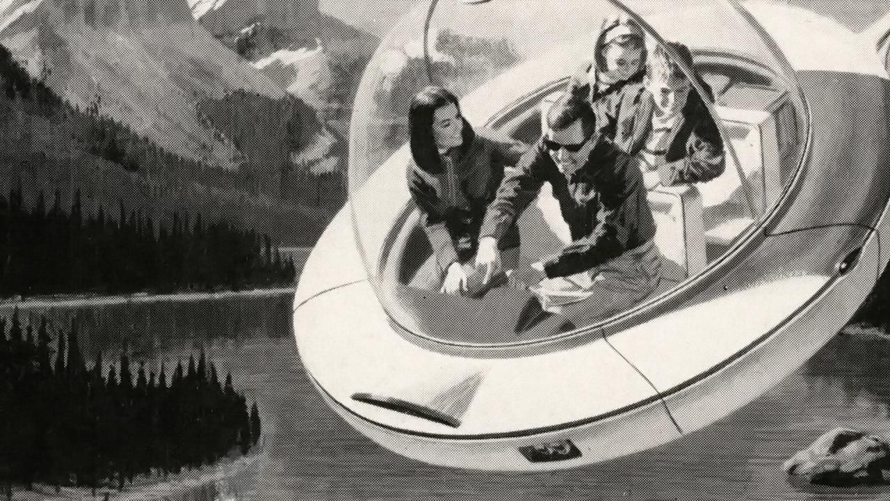 Futuristic American family on vacation, in a flying saucer, 1950s