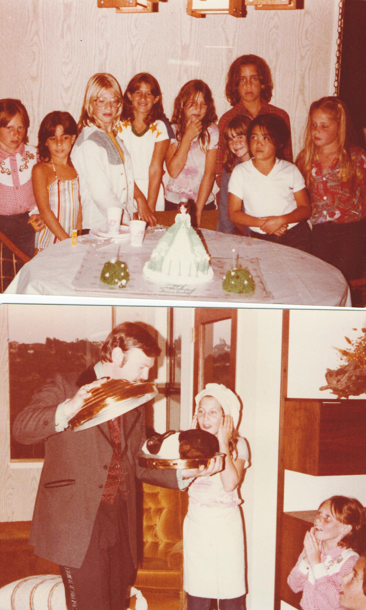San Mateo, California 1981: My birthday party, when doll cakes were super cool and 10 year olds could still be awestruck by a magician making a rabbit appear.
