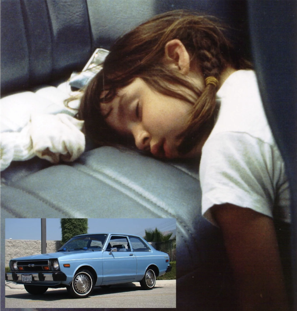 1979, I’m around 3 years old. We’re driving from Kansas City to Denver in our new Datsun 210 (Internet picture inset). No car seat, no water, no entertainment…just sitting on the floor and using the seat as a pillow. This would later become my first car
