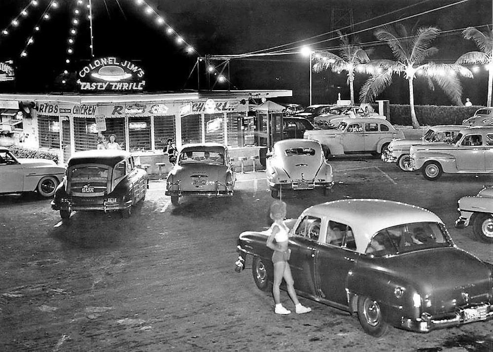 Busy night at Colonel Jim’s Tasty Thrill Drive-In Restaurant, Miami Beach, FL, 1952