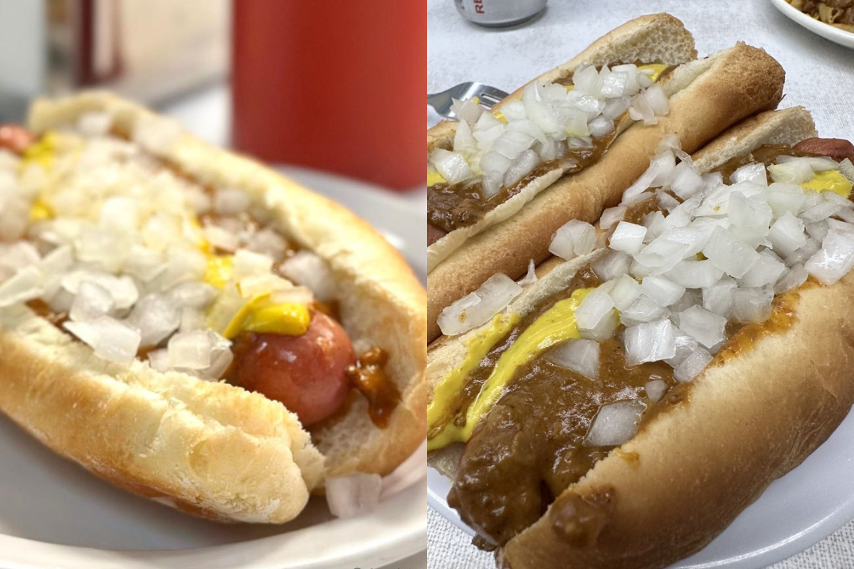 Two images of Coney Dogs, side-by-side from American Coney Island and Lafayette Coney Island, Detroit