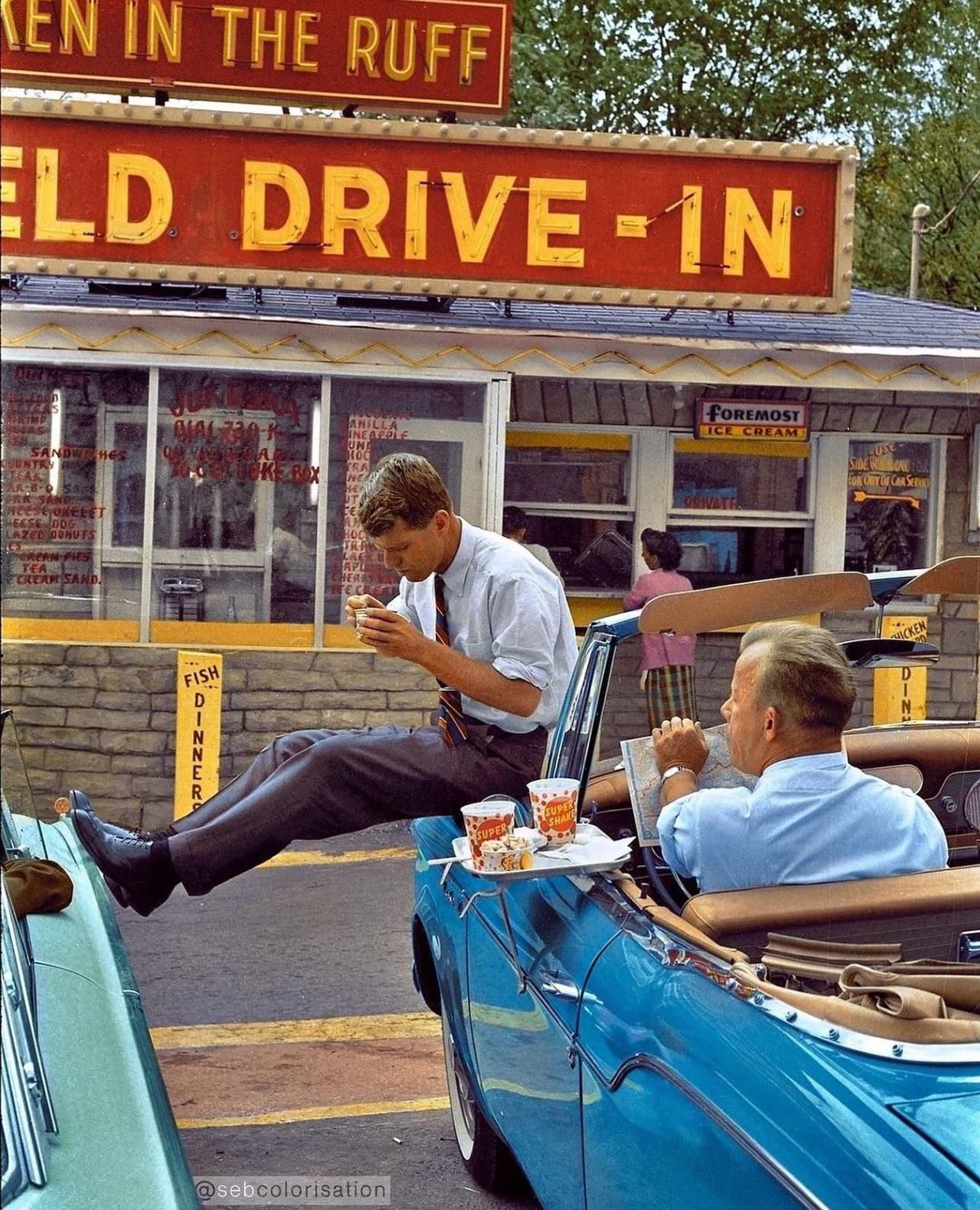 Robert F. Kennedy stopping in for a bite at a drive-in in Bluefield, West Virginia during the campaign for his brother John F. Kennedy to become the 1960 Democratic presidential nominee.