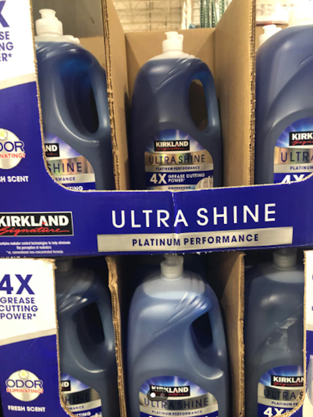 A box full of Kirkland brand dish soaps