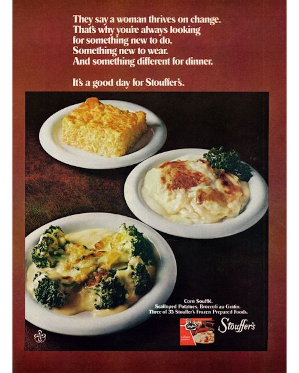 Vintage 1973 Food Ad, Stouffer's Frozen Foods, Corn Souffle, Scalloped Potatoes, Broccoli au Gratin