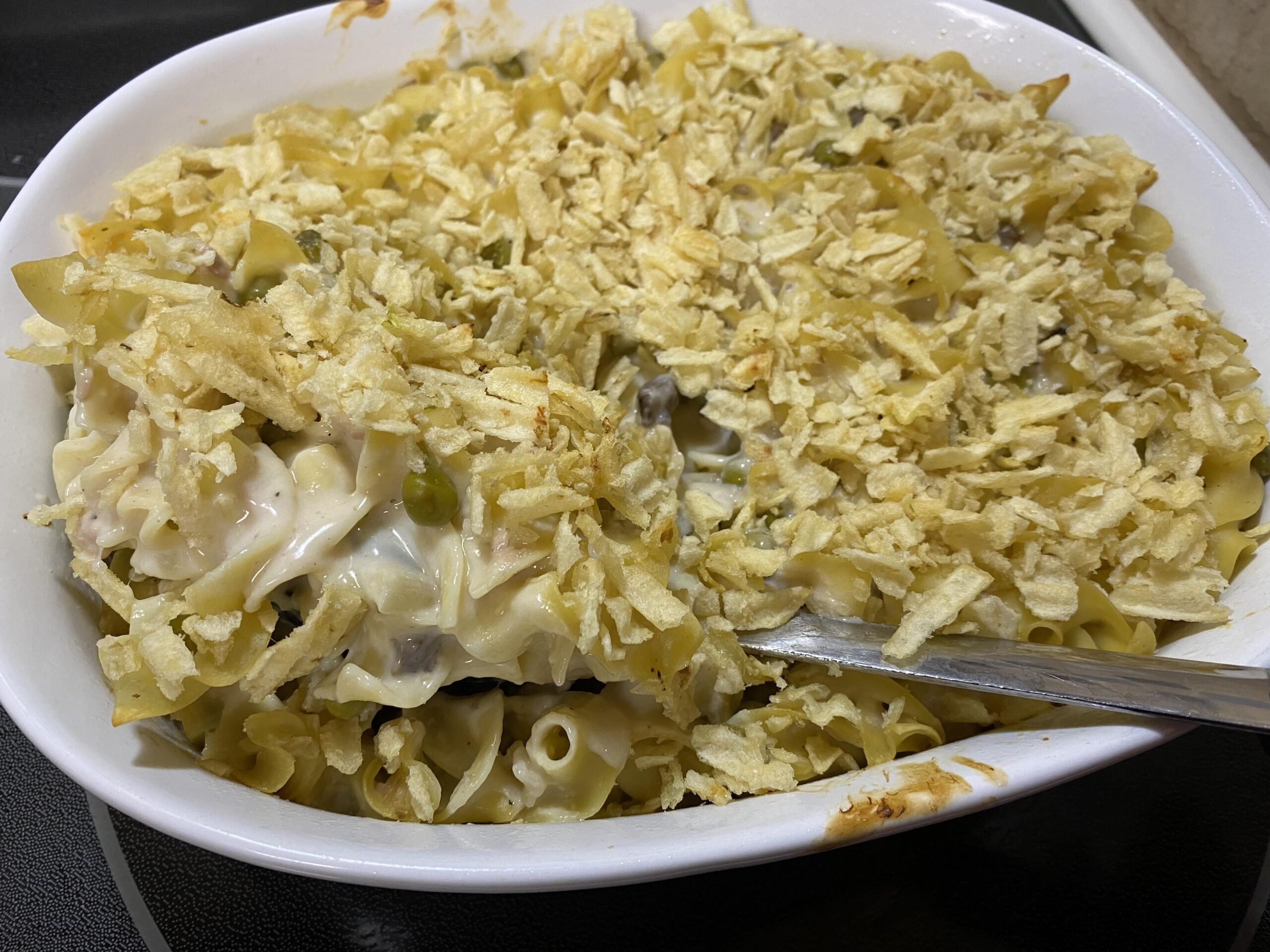 Tuna casserole with potato chip topping