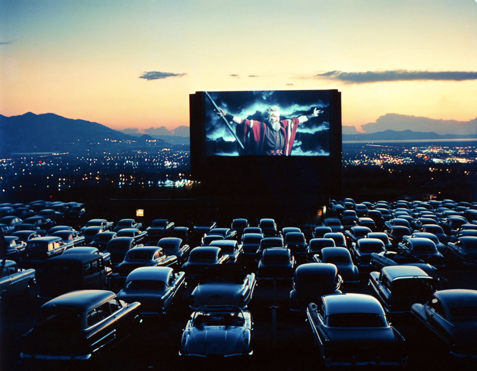 A drive-in theater full of cars, Salt Lake City, Utah, 1958