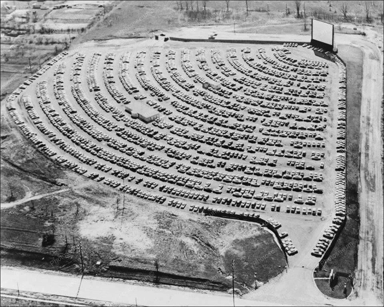 Aerial view of a drive-in theater in South Bend, Indiana. (1954)