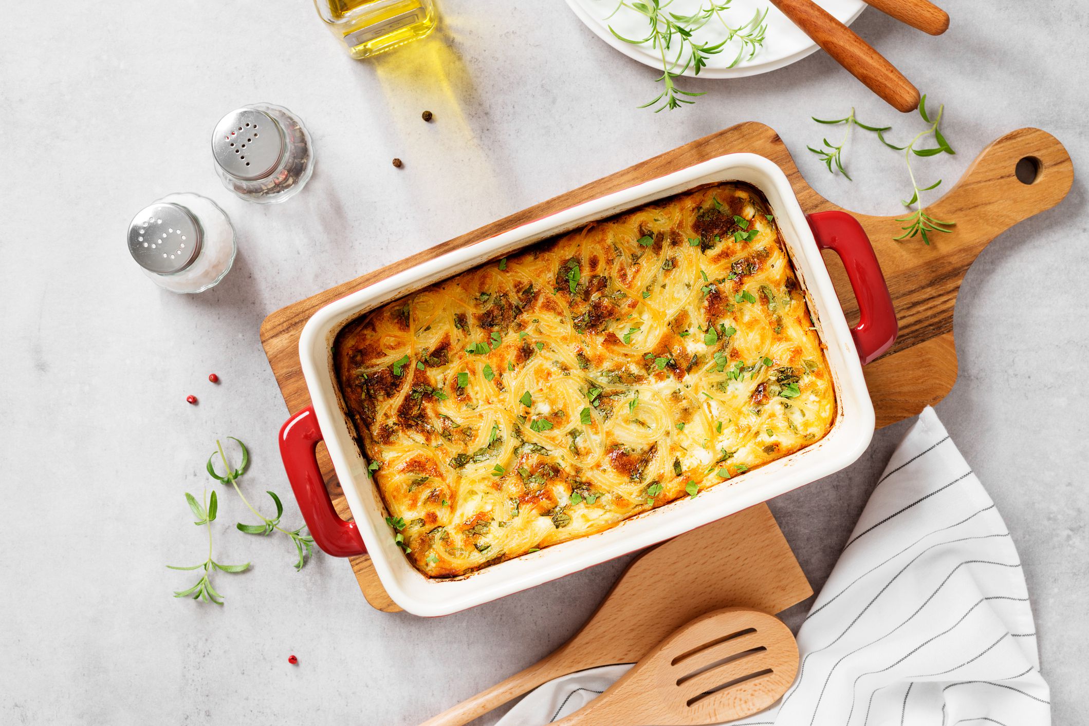 Homemade Spaghetti Breakfast Casserole in a Baking Dish. Top view