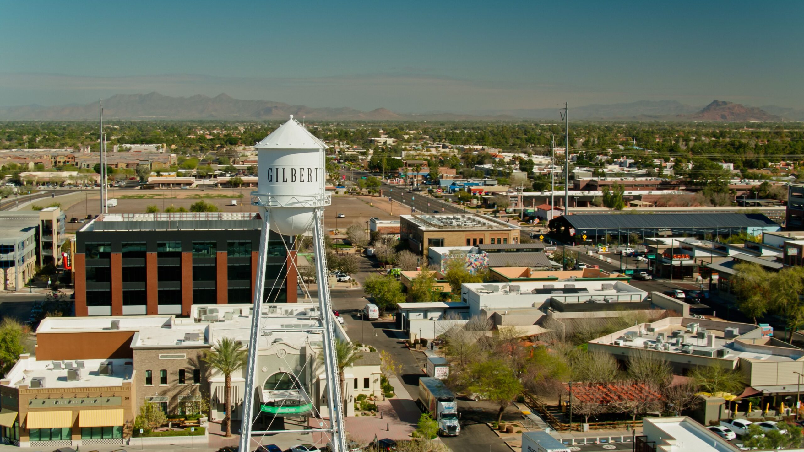 Aerial shot of Downtown Gilbert, Arizona on a clear sunny dayAuthorization was obtained from the FAA for this operation in restricted airspace.