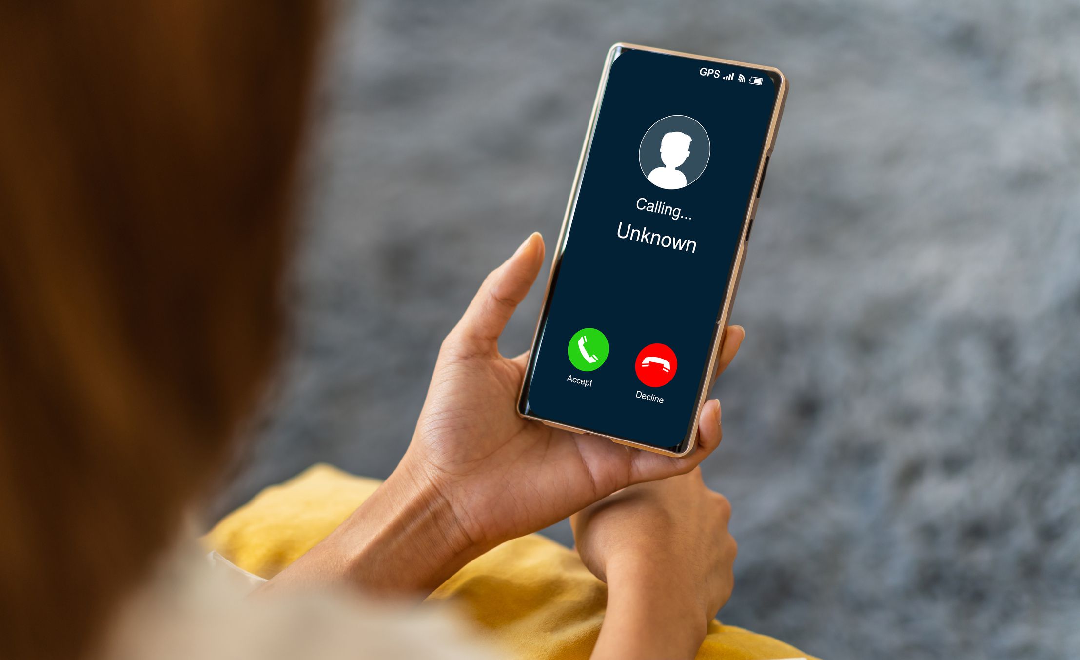 Human use smartphone with incoming call from unknown number, spam, prank caller, hoax person, fake identity, scammer, scam with mobile phone, hacker, call center, crime, call, fraud or phishing concept
