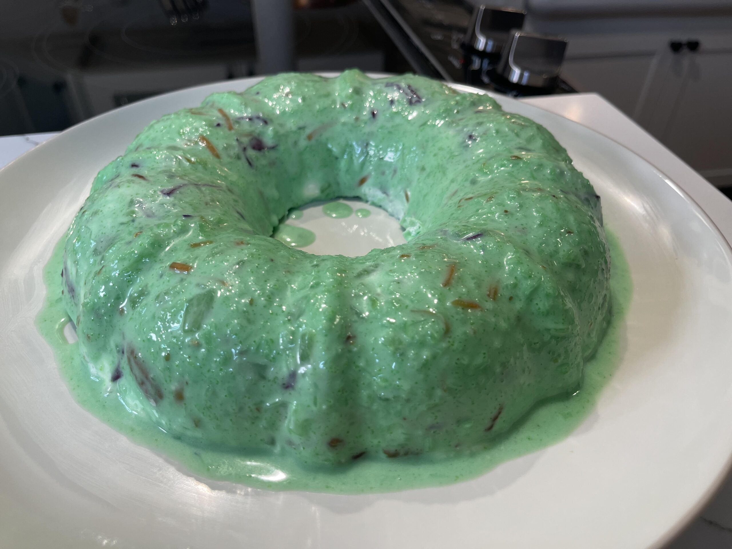 1950s Lime Jell-0 Salad staring cabbage, mayo, pineapple, marshmallow and more