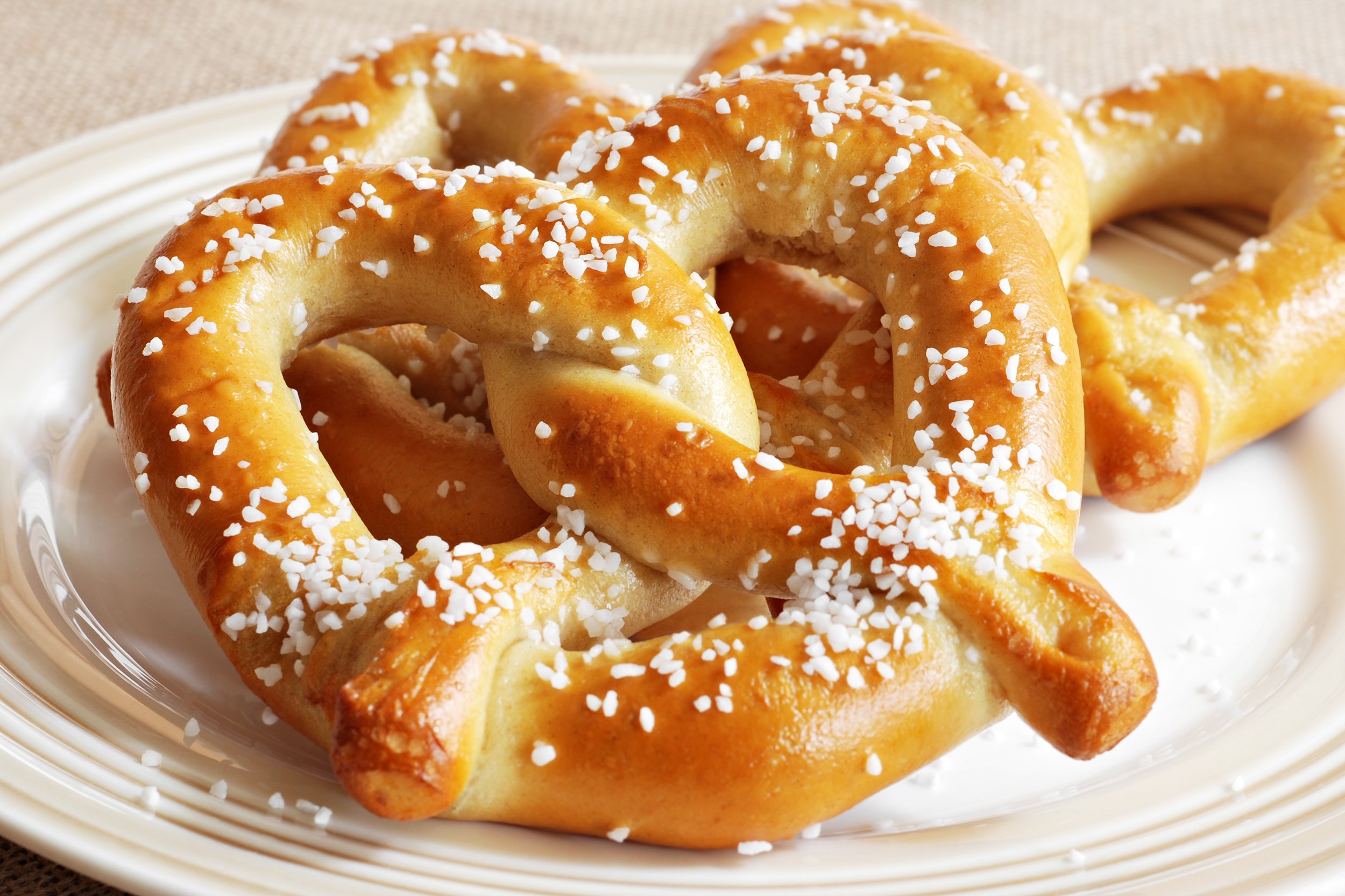 freshly baked soft pretzels with generous sprinkling of coarse salt