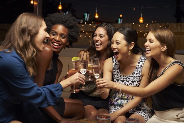 group of female friends enjoying night out at rooftop bar