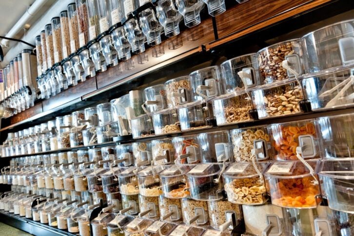 bulk nuts and fruit in grocery store