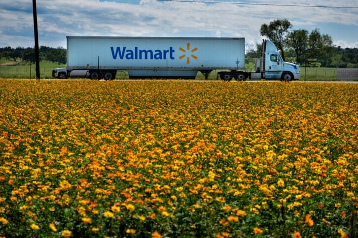 18-wheeler hauling Walmart merchandise down the highway near Fredericksburg, Texas