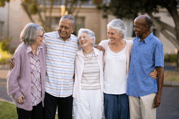 Group of senior friends outside of a retirement community