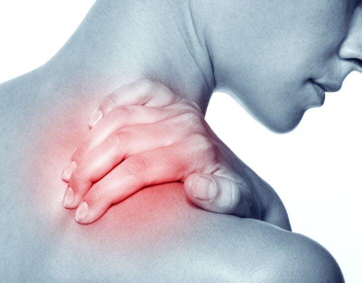person holding neck with red area to signify pain