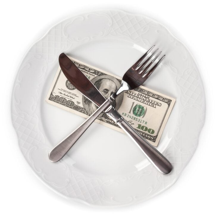 $100 dollar bill on plate with fork, knife
