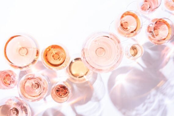 many glasses of rose wine at wine tasting