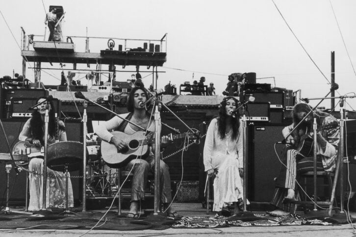 English pop group The Incredible String Band, performing at the Woodstock Music Festival, Bethel, New York, 15th August 1969