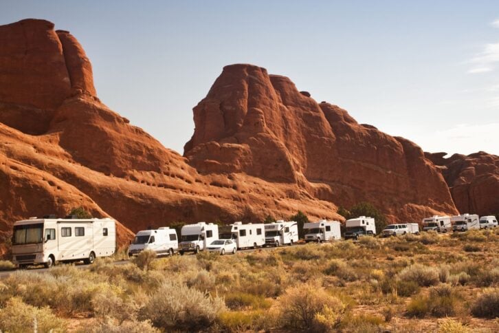line up traffic jam of recreational vehicles