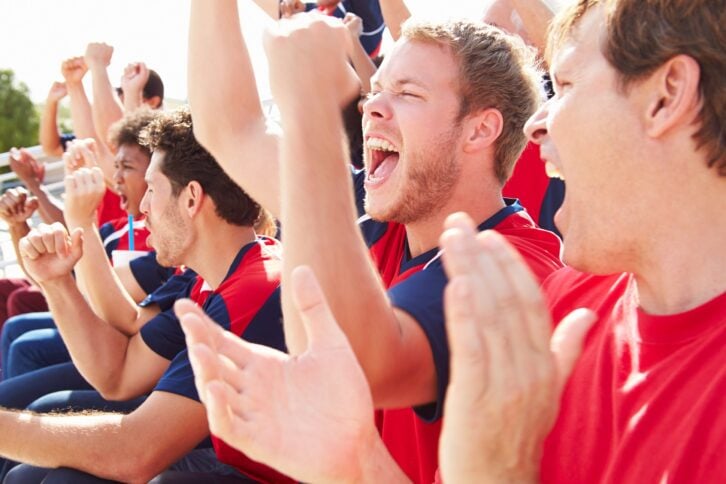 spectators in team colors watching sports event