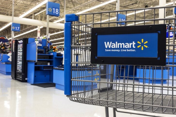 Closeup of shopping cart at Walmart store
