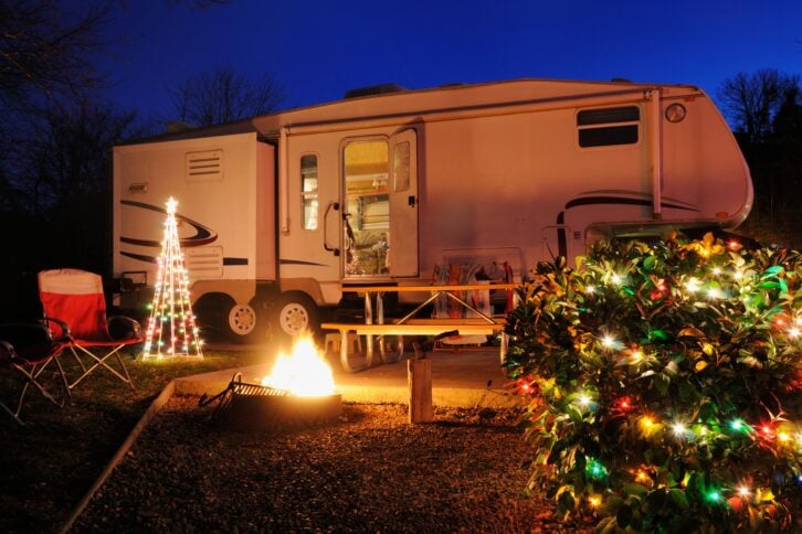 festive camper in campsite during Christmas time