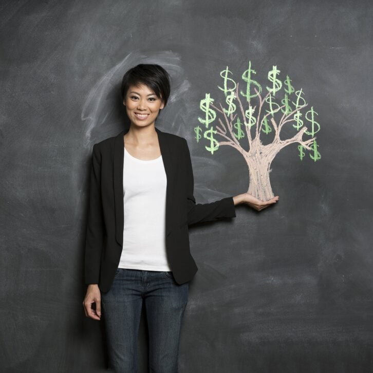 happy Asian business woman in front of chalk money tree drawing on blackboard