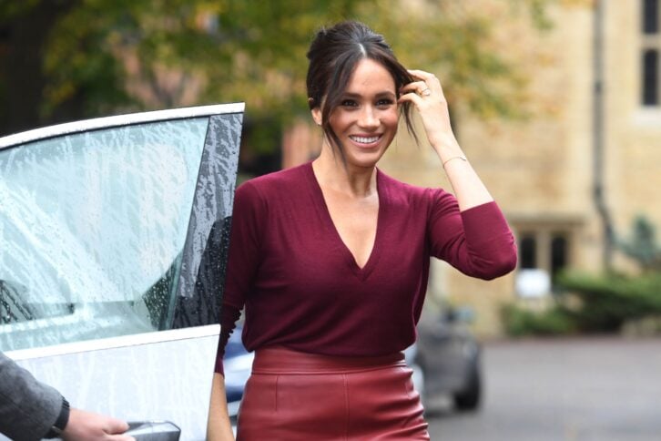 Meghan, Duchess of Sussex attends a roundtable discussion on gender equality with The Queens Commonwealth Trust (QCT) and One Young World at Windsor Castle on October 25, 2019 in Windsor, England.