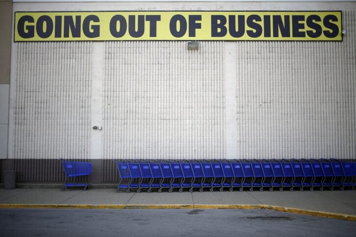 A "Going Out Of Business"sign is displayed outside a retail store in Kentucky.