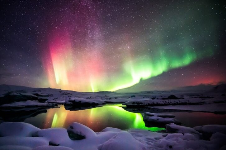 northern lights over the Jokulsarlon lagoon, Iceland