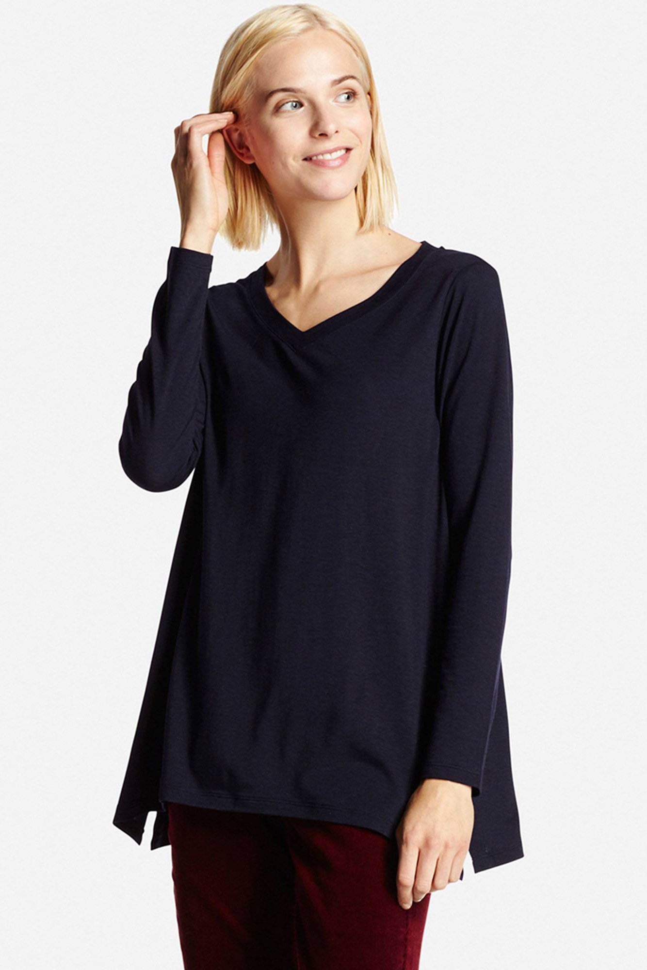 WOMEN DRAPE V-NECK LONG SLEEVE LONG T-SHIRT