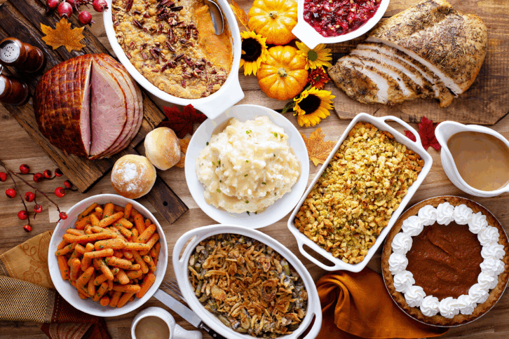 Thanksgiving table with food