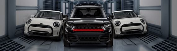 Front view of three 2023 Mini Coopers