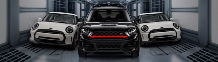 Front view of three 2023 Mini Coopers