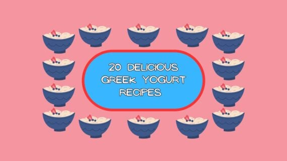 Text "20 Delicious Greek Yogurt Recipes" against pink background and surrounded by tiny graphics of yogurt bowls