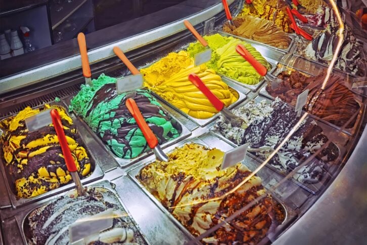 Variety of ice cream flavors in a shop