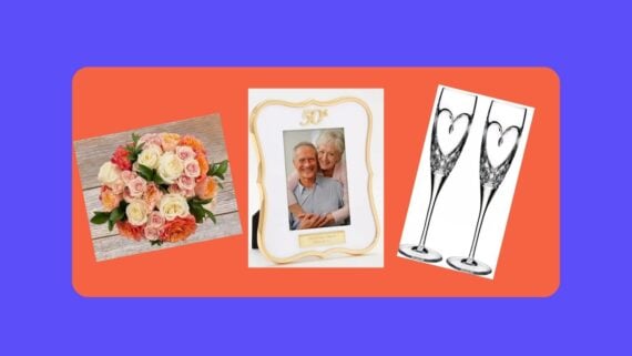 50th Anniversary Gifts  collage with flowers, picture frame and champagne flutes