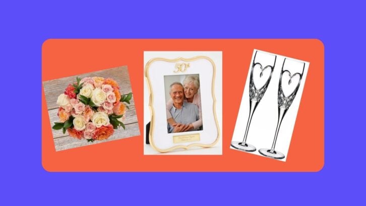 50th Anniversary Gifts  collage with flowers, picture frame and champagne flutes