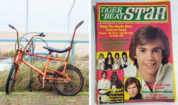 Orange 70s bike with a banana seat and a copy of Tiger Beat magazine